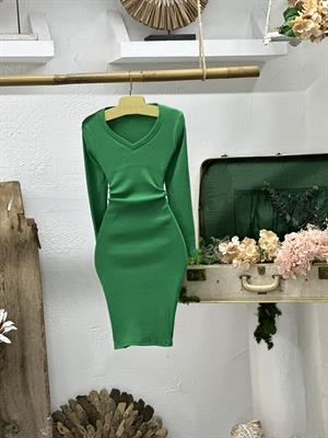 Kaşkorse Kumaş V Yaka Uzun Kollu Basic Yeşil Elbise