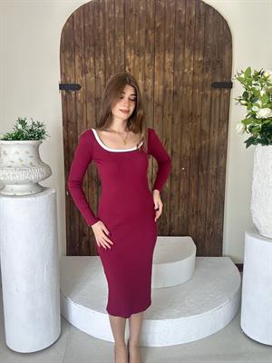 Kaşkorse Kumaş Yaka Biye Detaylı Kalem Elbise Bordo