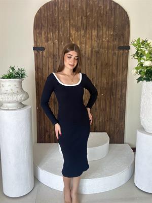 Kaşkorse Kumaş Yaka Biye Detaylı Kalem Elbise Siyah