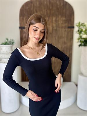 Kaşkorse Kumaş Yaka Biye Detaylı Kalem Elbise Siyah