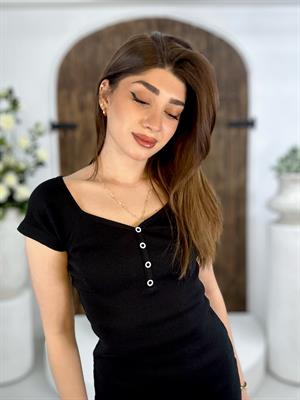 Kaşkorse Kumaş Yakası Düğmeli Kısa Kollu Elbise