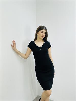 Kaşkorse Kumaş Yakası Patlı Kısa Kollu Kalem Elbise