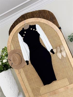 Kaşkorse ve Micro Kumaş Gold Düğmeli Kalem Elbise Siyah