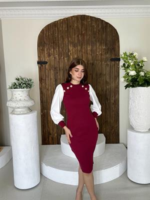 Kaşkorse ve Micro Kumaş Gold Düğmeli Kalem Elbise Bordo
