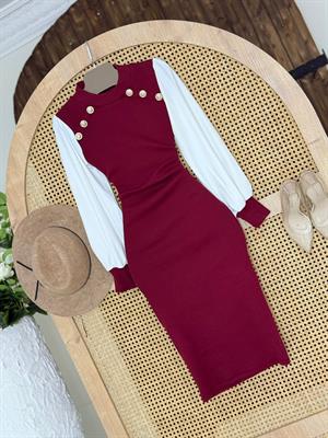 Kaşkorse ve Micro Kumaş Gold Düğmeli Kalem Elbise Bordo