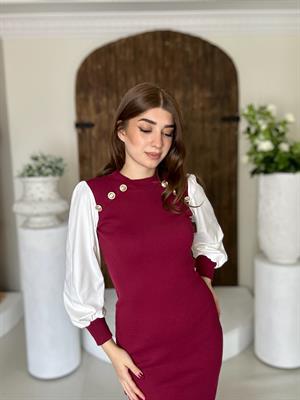 Kaşkorse ve Micro Kumaş Gold Düğmeli Kalem Elbise Bordo
