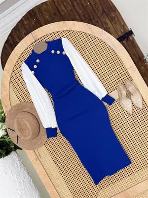 Kaşkorse ve Micro Kumaş Gold Düğmeli Kalem Elbise Saks