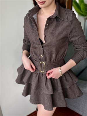 Kat Etekli Kemerli Jean Elbise Kahverengi