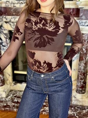 Kayık Yaka Büyük Flog Baskılı Bluz Kahverengi