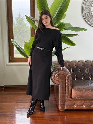 Kayık Yaka Yarasa Kol Kemerli Midi Boy Triko Elbise 