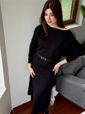 Kayık Yaka Yarasa Kol Kemerli Midi Boy Triko Elbise 