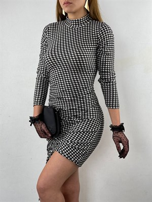 Kazayağı Desen Asansör Büzgülü Scuba Süet Kumaş Elbise 