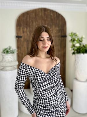 Kazayağı Desen Likralı Crep Kumaş Kruvaze Elbise Siyah