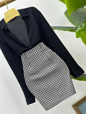 Kazayağı Desen  Önde Çift Fermuar Detaylı Mini Siyah Beyaz Etek