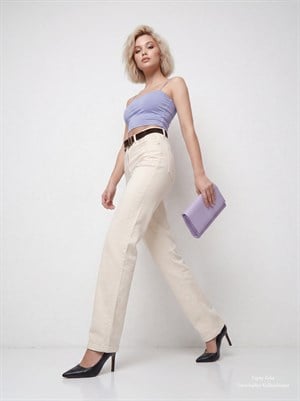 Kemerli Full Likralı Straight Jean Pantolon 