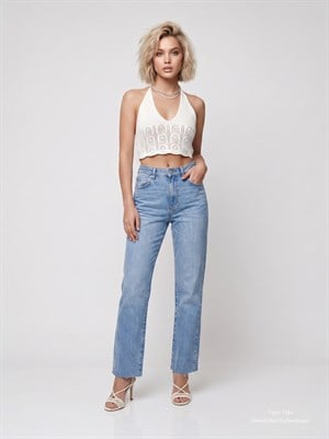 Kemerli Tensel Karışımlı Likralı Kesik Paça Straight Jean Pantolon  Mavi