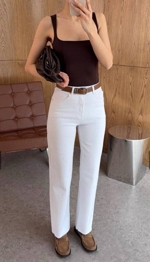 Kemerli Tensel Karışımlı Likralı Kesik Paça Straight Jean Pantolon Beyaz