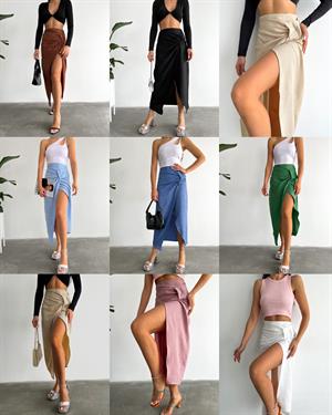 Keten Kumaş Asimetrik Kesim Boğum Detay Midi Boy Etek 