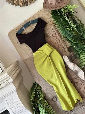 Keten Kumaş Asimetrik Kesim Boğum Detay Midi Boy Etek 