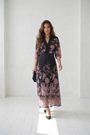 Keten Kumaş Astarlı Brit Düğmeli Çiçek Desen Midi Boy Elbise Siyah