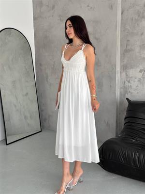 Krinkel Kumaş Astarlı İp Askılı Örgü Detaylı Uzun Beyaz Elbise