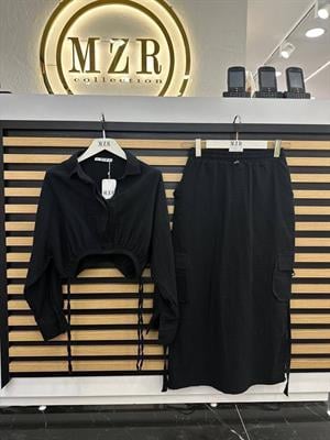 Keten Kumaş Bağlama Detay Crop Gömlek Yüksek Bel Kargo Cepli Etek İkili Takım