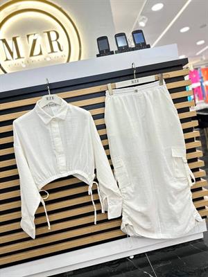 Keten Kumaş Bağlama Detay Crop Gömlek Yüksek Bel Kargo Cepli Etek İkili Takım