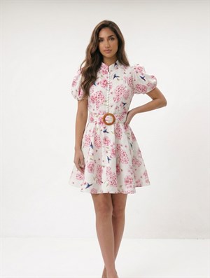 Keten Kumaş Balon Kol Brit Düğmeli Çiçek Desenli Kemerli Elbise