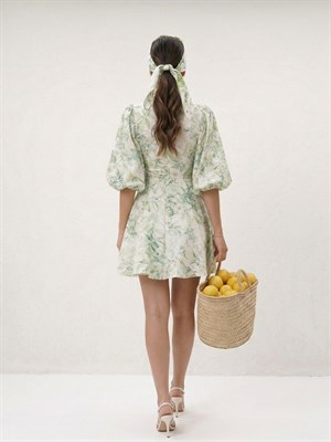 Keten Kumaş Balon Kol Brit Düğmeli Yeşil Desenli Elbise