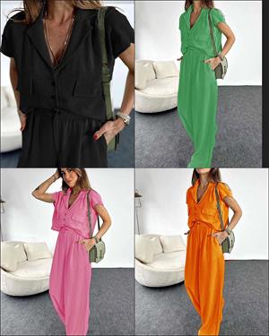 Keten Kumaş Ceket Yaka Gömlek Palazzo Pantolon İkili Takım 