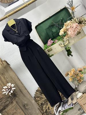 Keten Kumaş Ceket Yaka Gömlek Palazzo Pantolon İkili Takım 