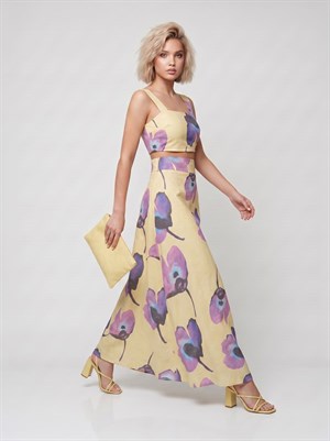 Keten Kumaş Çiçek Desenli Sırt Gipeli Crop Bluz Uzun Etek İkili Takım 