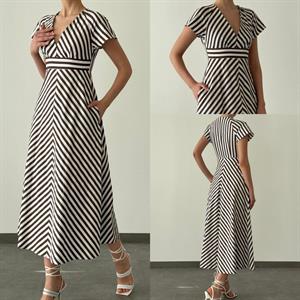 Keten Kumaş Çizgi Desen Kısa Kol Uzun Elbise