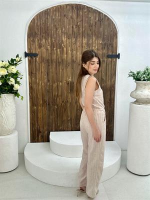 Keten Kumaş Çizgi Desen Yelek Pantolon İkili Takım Pembe Çizgili