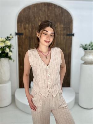 Keten Kumaş Çizgi Desen Yelek Pantolon İkili Takım Pembe Çizgili