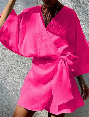 Keten Kumaş Fakir Kol Anvalop Elbise