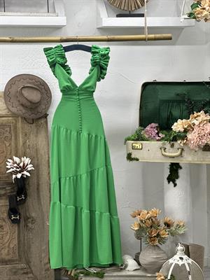 Keten Kumaş Fırfır Detaylı Kaplama Düğmeli Tasarım Uzun Elbise