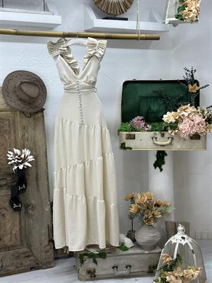 Keten Kumaş Fırfır Detaylı Kaplama Düğmeli Tasarım Uzun Elbise