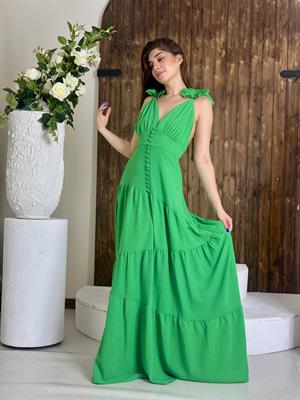 Keten Kumaş Fırfır Detaylı Kaplama Düğmeli Tasarım Uzun Elbise