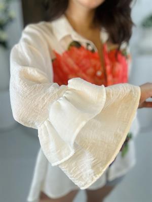 Keten Kumaş Kol Kat Detaylı Çiçek Tasarım Salaş Gömlek