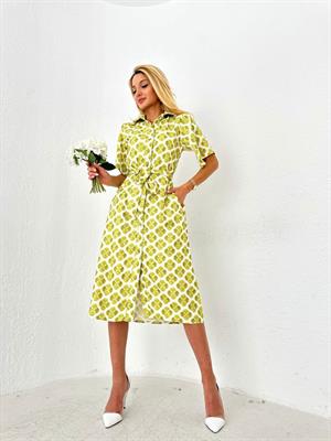 Keten Kumaş Midi Boy Desenli Gömlek Elbise