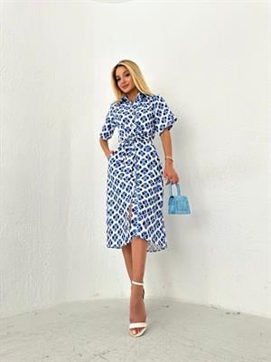 Keten Kumaş Midi Boy Desenli Gömlek Elbise