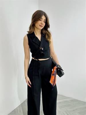 Keten Kumaş Pantolon Bağlama Detay Yelek İkili Takım 