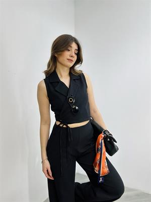 Keten Kumaş Pantolon Bağlama Detay Yelek İkili Takım 