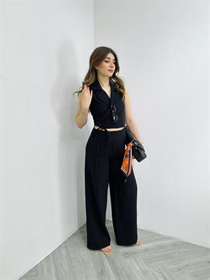 Keten Kumaş Pantolon Bağlama Detay Yelek İkili Takım 