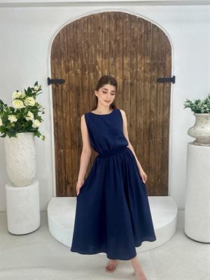 Keten Kumaş Rahat Kalıp Midi Etekli İkili Takım Lacivert