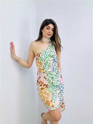 Keten Kumaş Renkli Desenli Fular Detay Tasarım Elbise