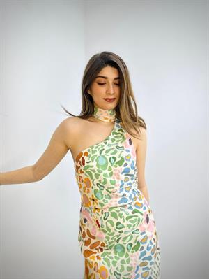 Keten Kumaş Renkli Desenli Fular Detay Tasarım Elbise