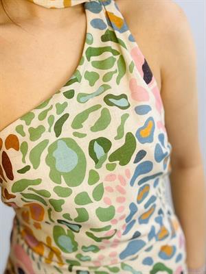 Keten Kumaş Renkli Desenli Fular Detay Tasarım Elbise