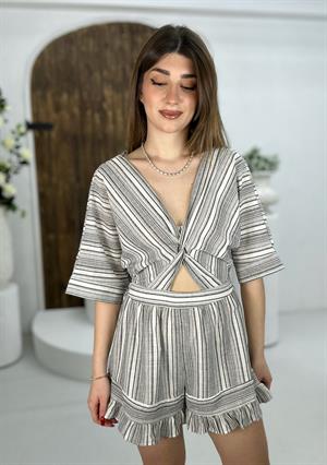 Keten Kumaş Sırt Dekolteli Şort Tulum